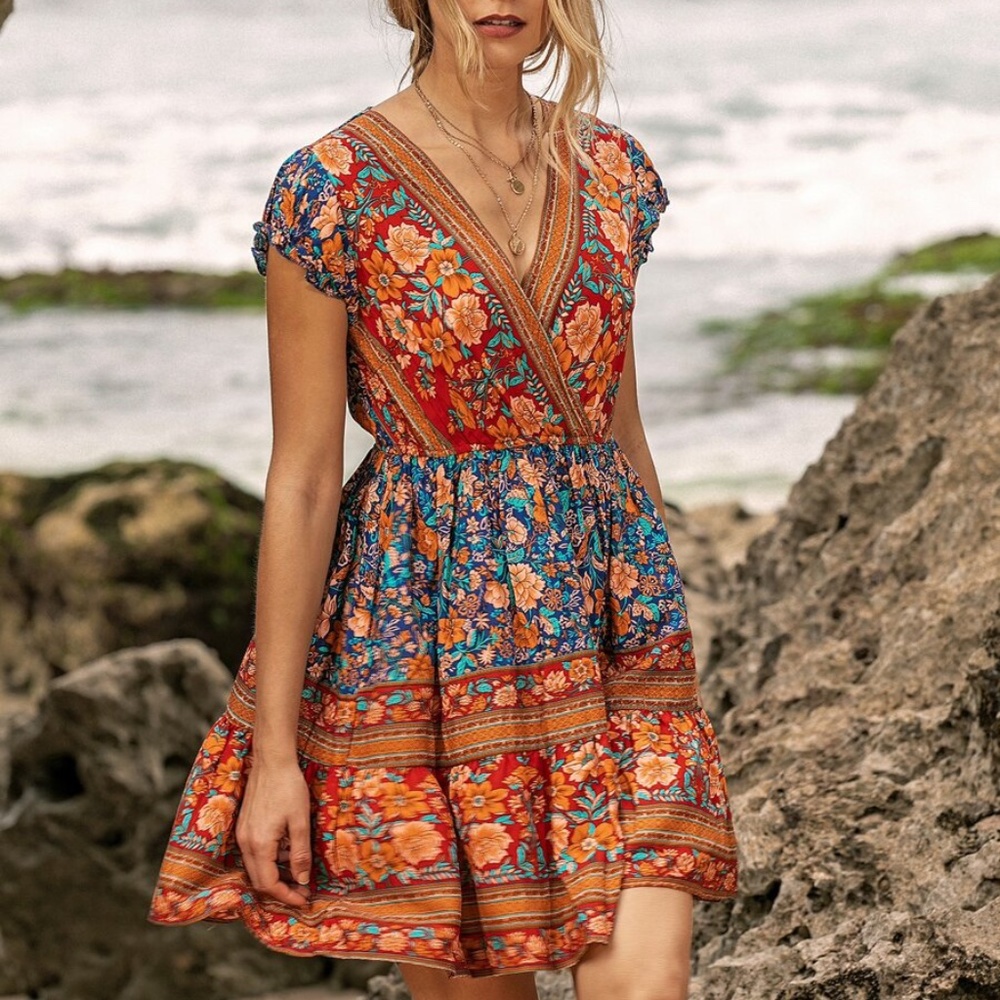 floral print v neck ruffle boho gypsy mini dress